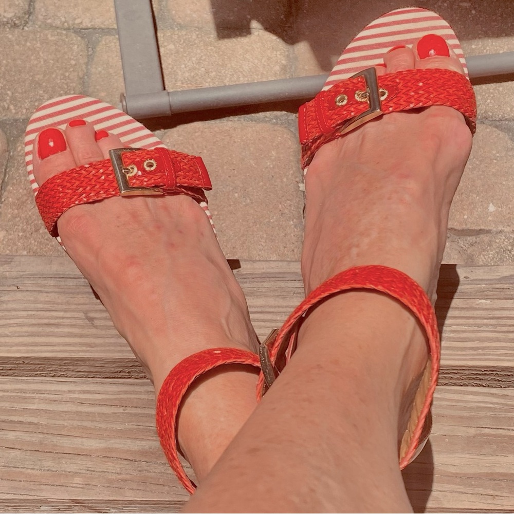 Sperry Red & White Sandals with Wicker Style Ankle Strap